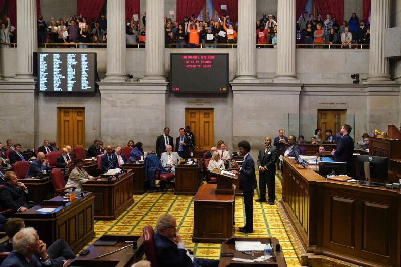 Wide shot of the Tennessee House, showing protesters in the galleries. 