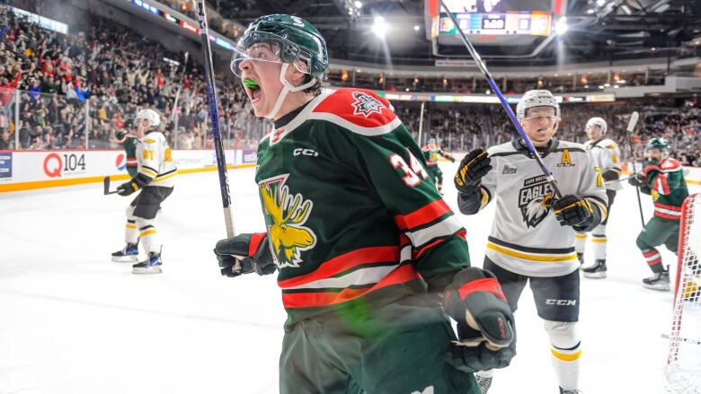 A hockey player celebrates after scoring a goal.