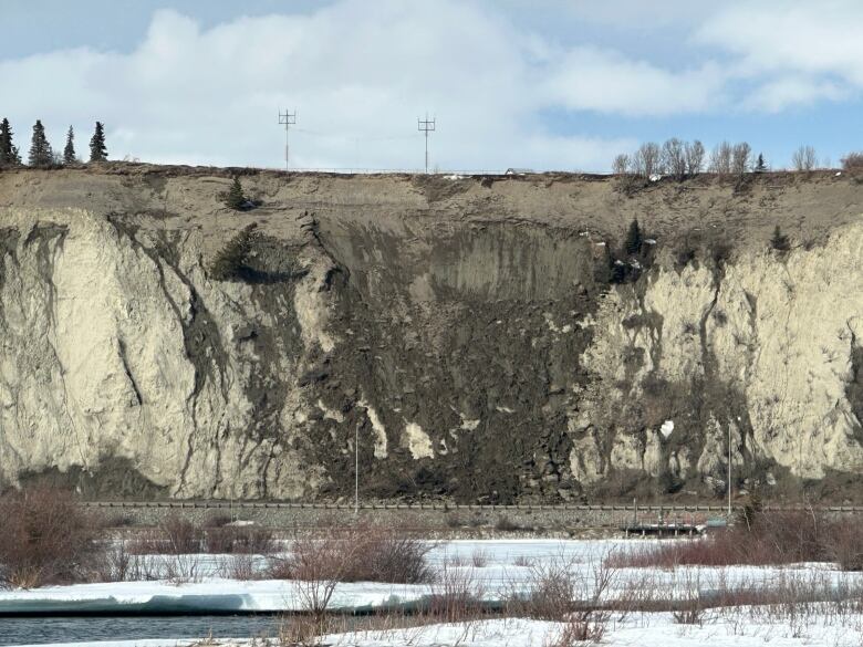 The picture shows a landslide near a road. 