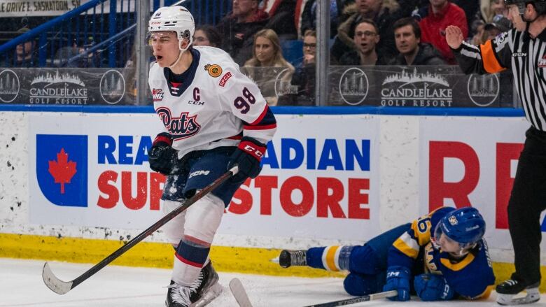 Connor Bedard of the Regina Pats celebrates after scoring a goal against the Saskatoon Blades on March 31, 2023.