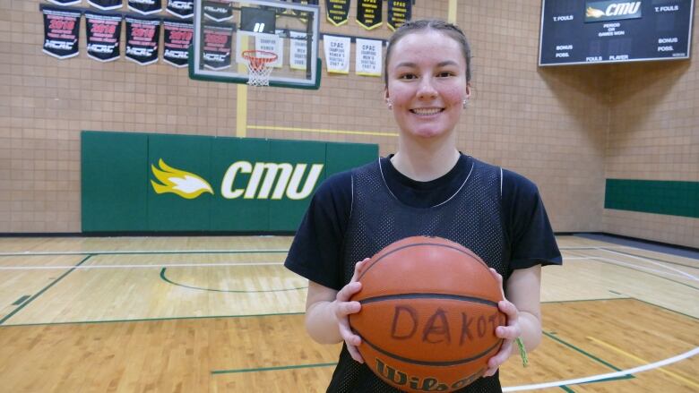 Abby Sweeny looks into the camera, holding a basketball and smiling.