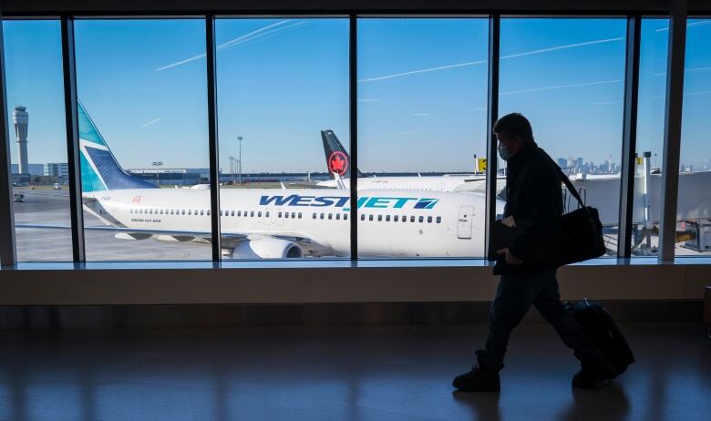 A man walking past a WestJet plane.