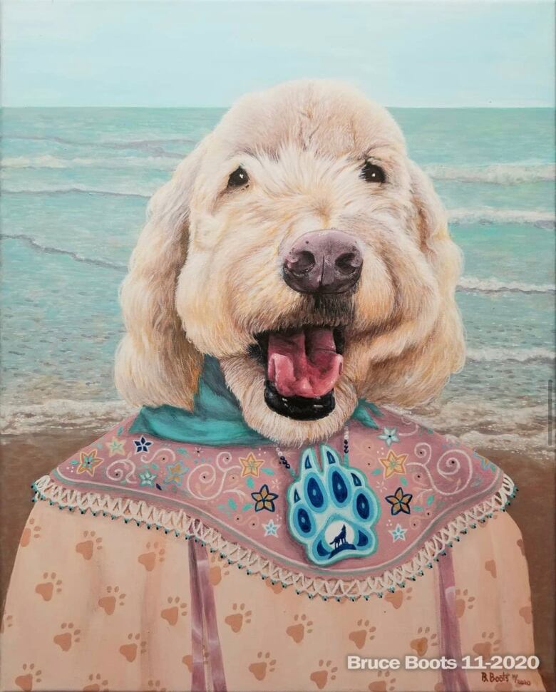 Painting of a dog wearing ribbon shirt with the beach in the background.