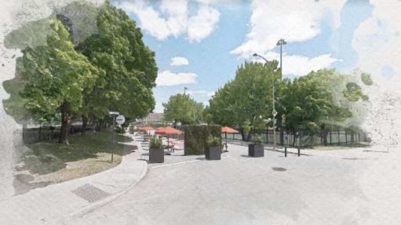 Artist's drawing of street with parasols and tables, with large planters blocking access.