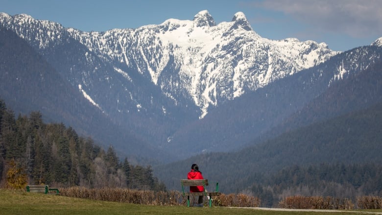 A person in a red jacket sits on a bench in a park with snow-capped mountains in the distance.