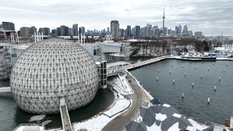 Winter aerials (Drone) of Ontario Place, Ontario Place Marina, Lake Ontario. Area slated for Development