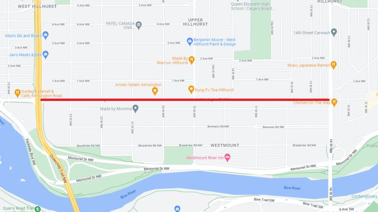 Google Maps screenshot with a red line on Kensington Road from 14th Street N.W. to Crowchild Trail N.W.