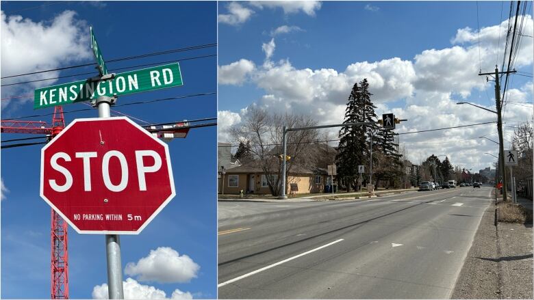 A collage. To the left, a stop/street sign. To the right, a street and crosswalk.