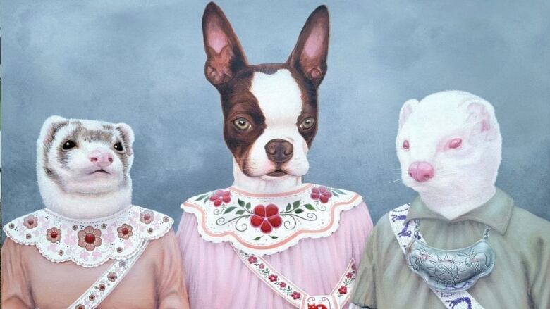 Cartoonish painting of a French Bulldog flanked by two ferrets. All animals wearing ribbon shirts and traditional Iroquoian yokes.