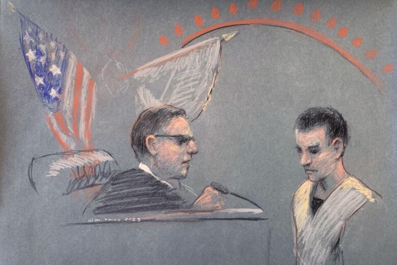 A courtroom sketch depicting Jack Douglas Teixeira at a hearing in Boston.