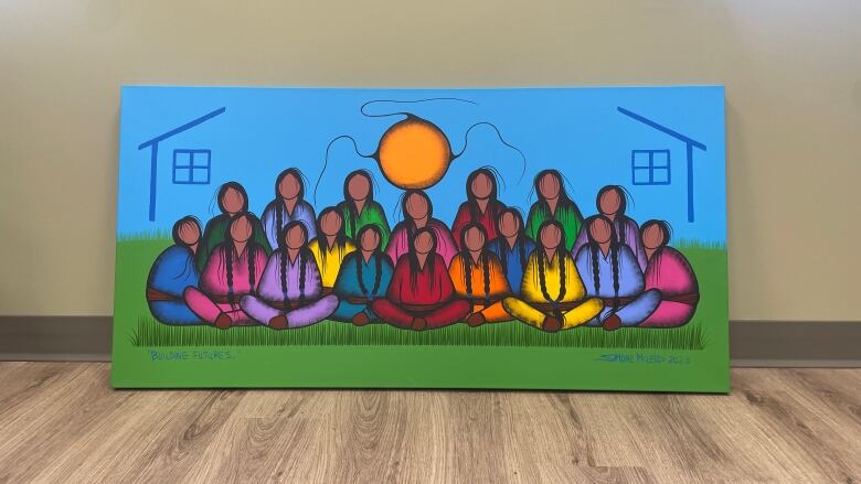 An art piece features the colourful silhouettes of 18 Indigenous women sitting on green grass infront of a blue sky and the outline of a home. 