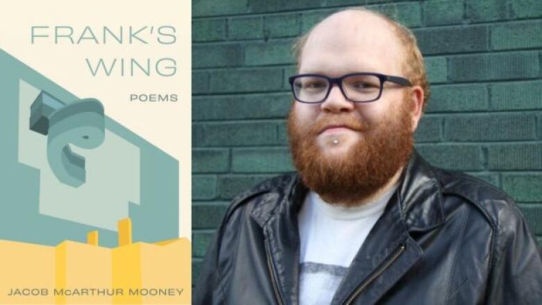 Side by side of the book cover and the author photo: the cover has geometrical shapes in teal, beige and yellow and a man with a thick auburn beard and black-rimmed glasses and wearing a black leather jacket