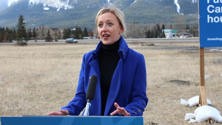 Miranda Rosin, MLA for Banff-Kananaskis, is pictured speaking at Monday's affordable housing announcement.