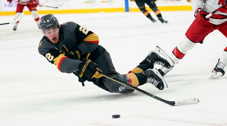 A player dives for the puck.