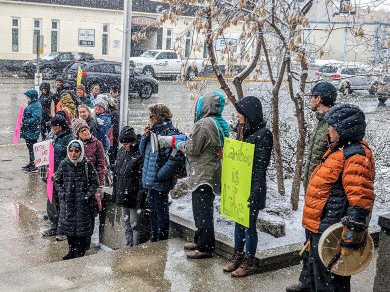 A group of demonstrators stand on the sidewalk as snow falls.