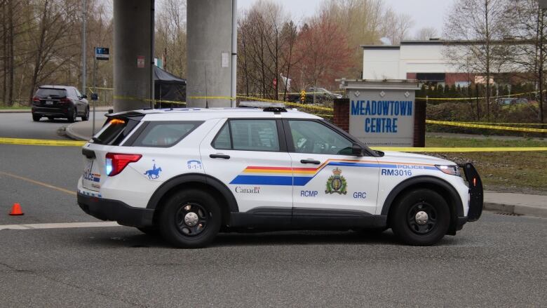 A police cruiser is parked behind yellow tape at a crime scene next to a sign under an overpass that says Meadowtown Centre. 