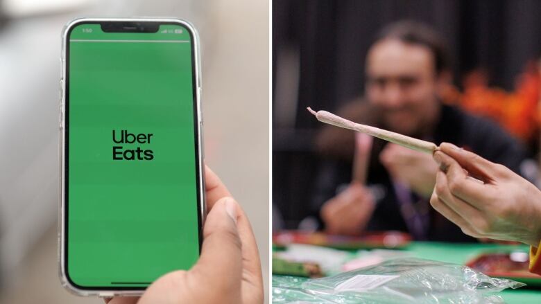 A composite of a person holding a phone with a green 'Uber Eats' logo, and a person holding a marijuana cigarette.