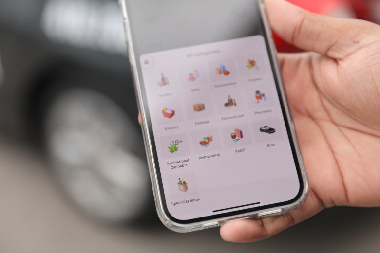 An app on a phone showing a series of delivery categories, including 'Food', 'Alcohol', 'Package', 'Recreational Cannabis' and 'Grocery'.