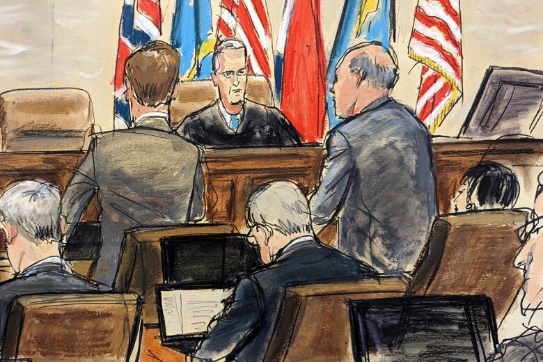 A sketch of a court room with a male judge in a black robe sitting behind a bench, with flags standing behind him, and people sitting and standing in front of him