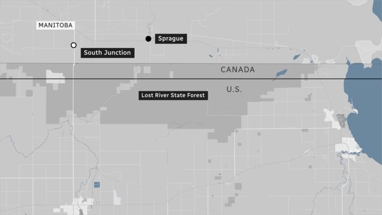 A map shows areas just north and south of where Manitoba and Minnesota meet at the Canada-U.S. border.