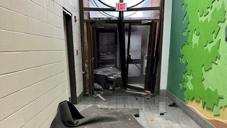 A damaged hallway at a school. 