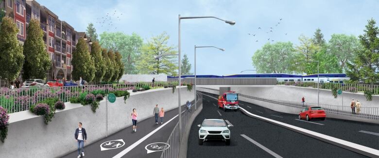 A drawing shows an underpass with a train rolling above, while cars, pedestrians and a cyclist travel underneath.