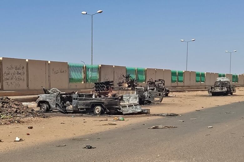 Destroyed military vehicles are strewn along a road.