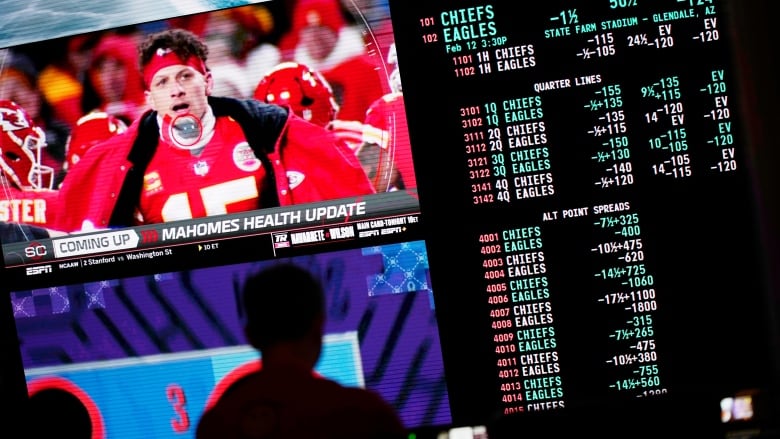 Betting odds for the recent Super Bowl are shown on monitors in Las Vegas.