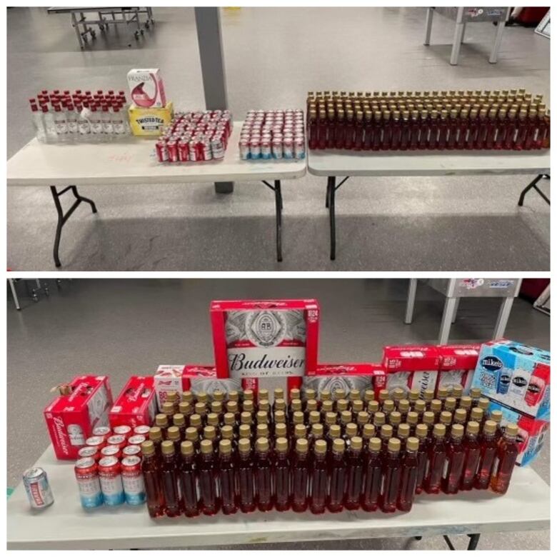 A series of cans and bottles of alcohol are displayed on a table