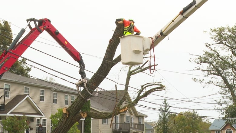 Maritime Electric working on a power line.