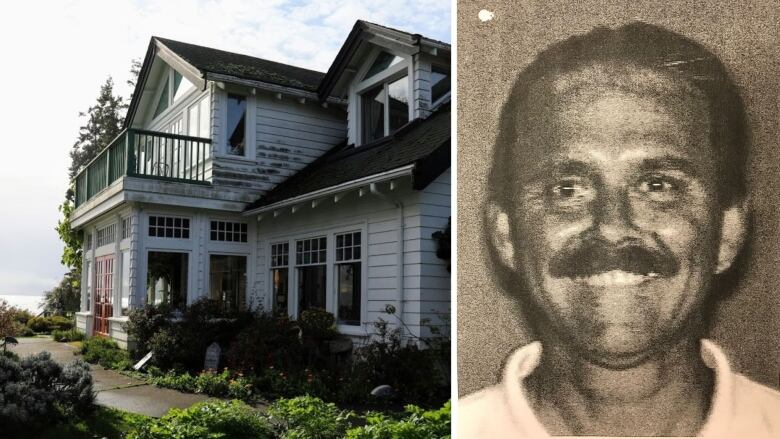 A composite of a scenic house with a black-and-white mugshot of a man.