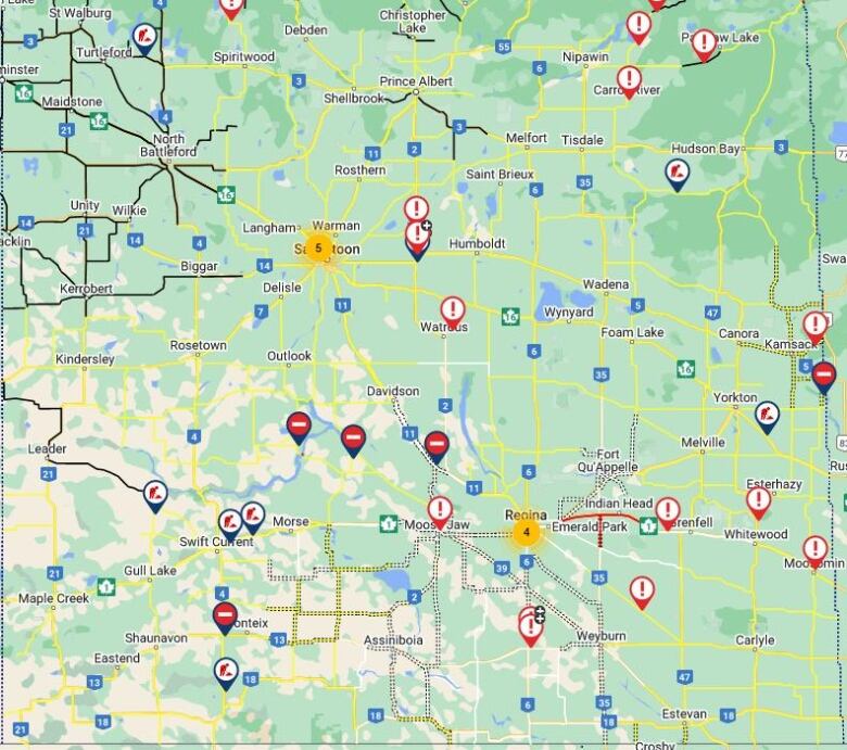 Map showing highway conditions in Saskatchewan