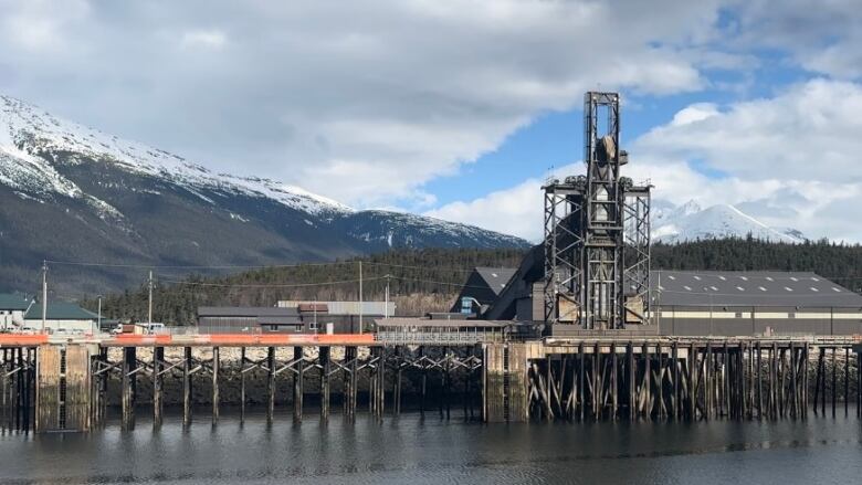 The photo shows an ore dock in front of mountains. 