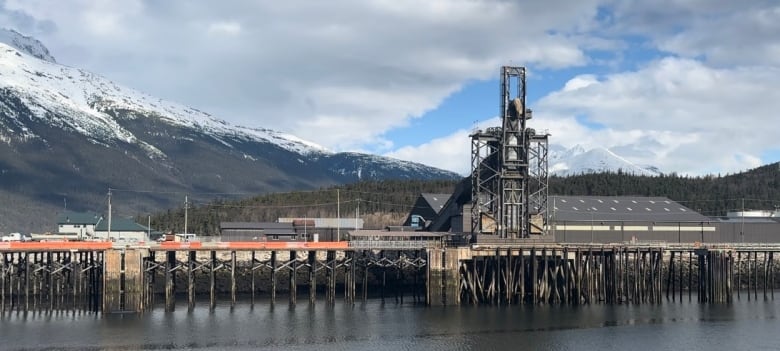 The photo shows an ore dock in front of mountains. 