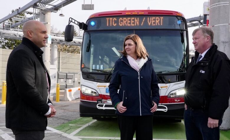 Bem Case, executive director of TTC's innovation and sustainability group, far left, Toronto Deputy Mayor Jennifer McKelvie, middle, and Coun. Gary Crawford, far right.