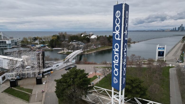 Spring Ontario Place aerials showing construction and demolition work being done on the roof of the pods on April 17, 2023.