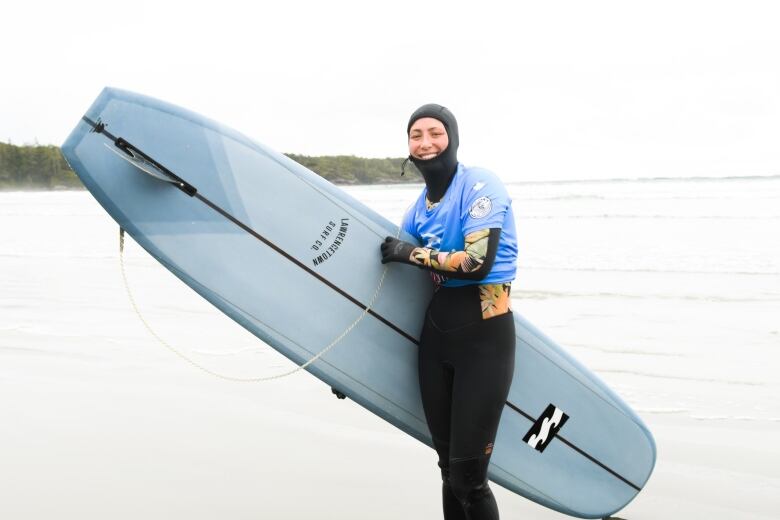 A woman wearing a wetsuit smiles and stands on a beach holding a blue surfboard