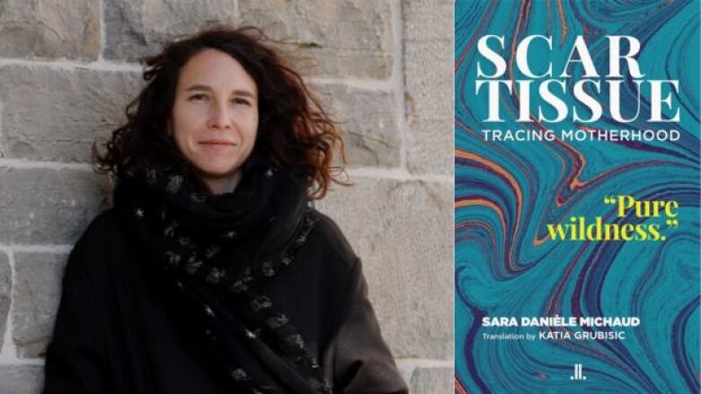 On the left is a headshot photo of a woman with medium length brown hair who is the author and is leaning against a wall and smiling at the camera. On the right is a book cover with blue, orange, and red marble design, with white and yellow text overlay that is the book's title and author's name. 