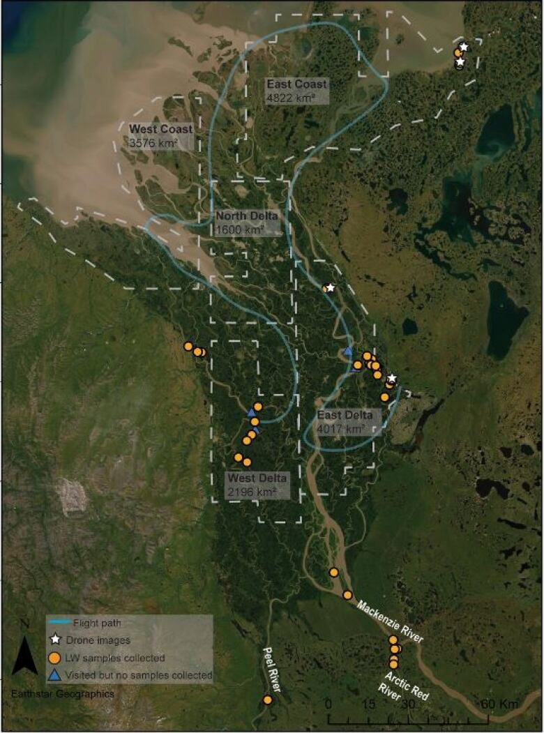 A map of the Mackenzie River Delta, with points that indicate where the research team visited and gathered data, and lines that show the path of a low-flying airplane.