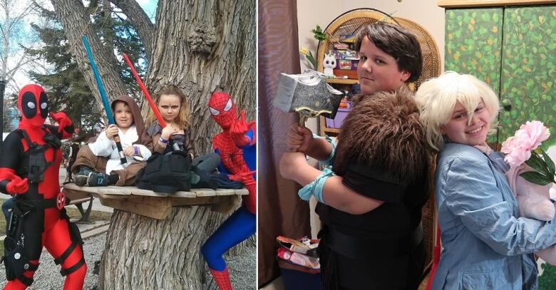 Two children are seen in costume on the left, they are seen about a decade later on the right.