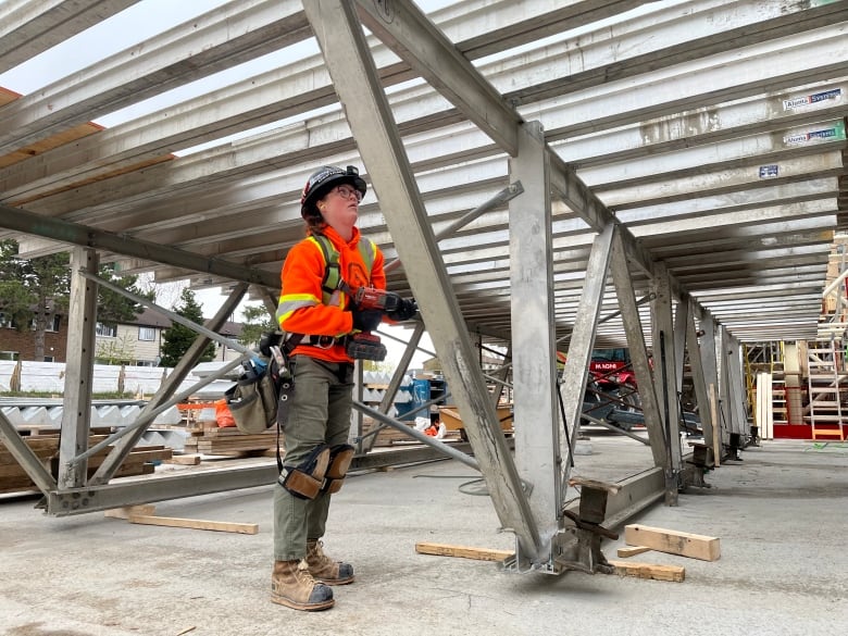 A 2021 report by the Canadian Labour Market Information Council says women make on average less than half what men make in skilled trades, though this is not limited to jobs construction.