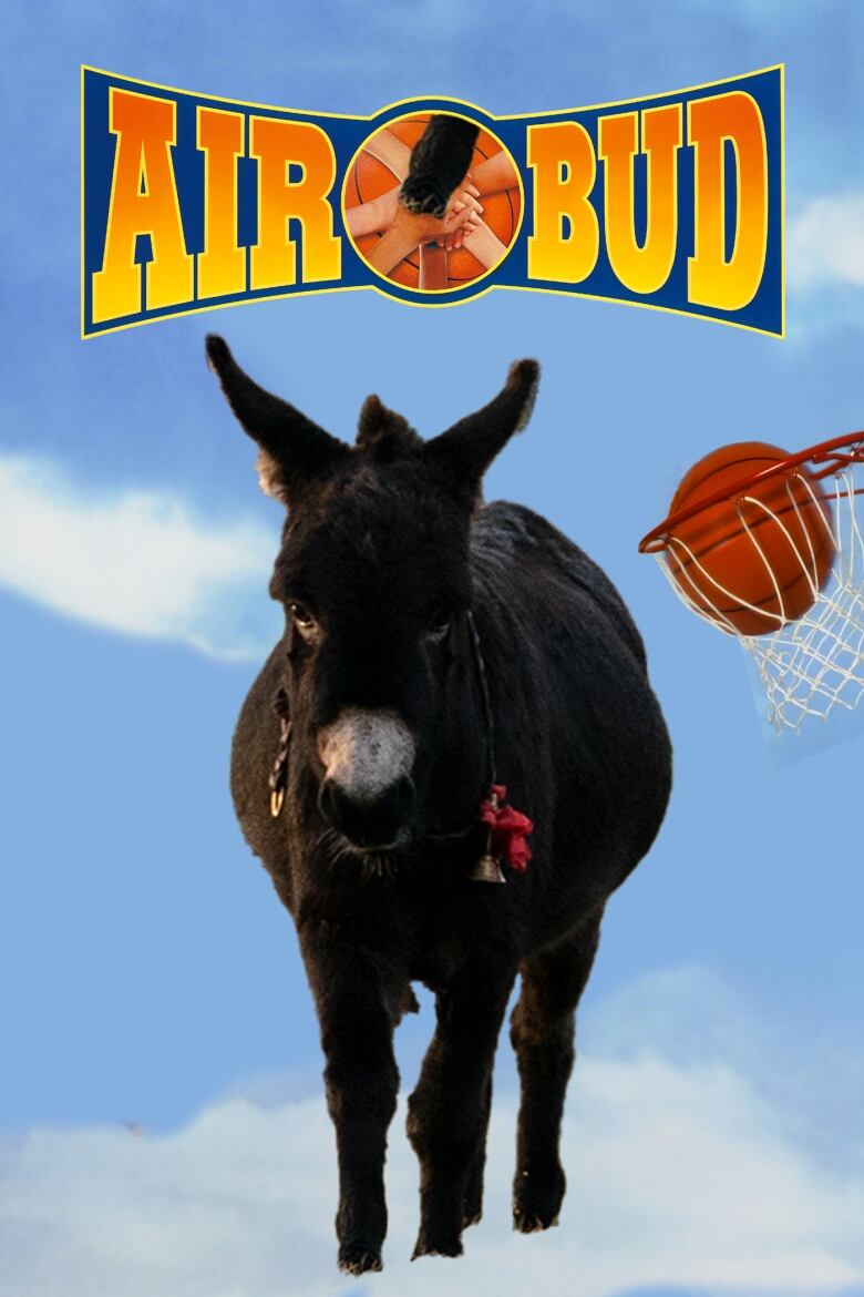 Jenny the Donkey from The Banshees of Inisherin very badly Photoshopped onto the poster for the original Air Bud movie.