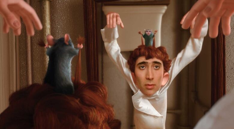 Nicolas Cage's character from Moonstruck badly Photoshopped onto the faces of both Linguini and Remy from Disney's Ratatouille. 