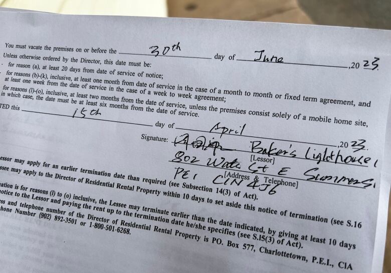 A copy of the evcition notice stating tenants have to leave by June 30th.