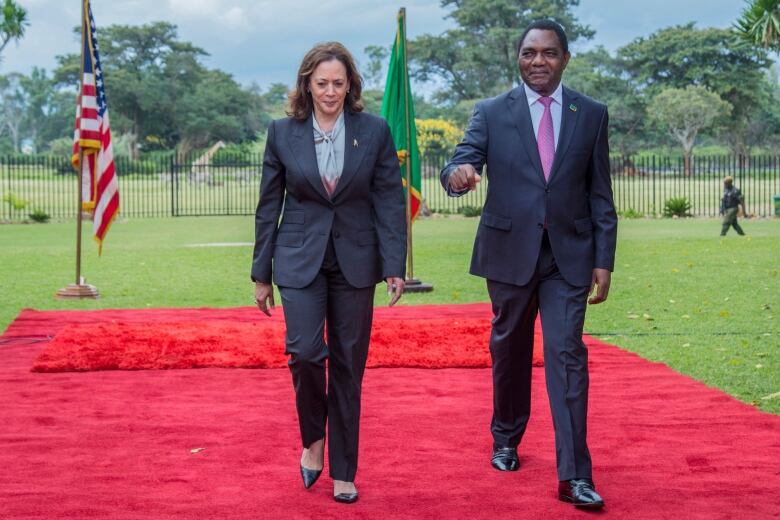 A man and a woman in business attire are shown walking on a red carpet outdoors in front of flags in the background.