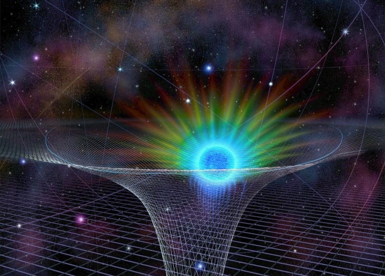 A bluish star glowing with a prism of rainbow-coloured light is seen being pulled inside a dip in the fabric of spacetime caused by the gravitational pull of a black hole in space. 