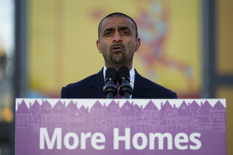 A man with close-cropped hair and a goatee speaks in front of microphones and a sign that reads 'more houses.'