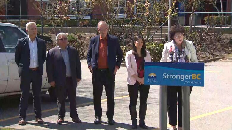 Five people stand in a parking lot with a podium that says 