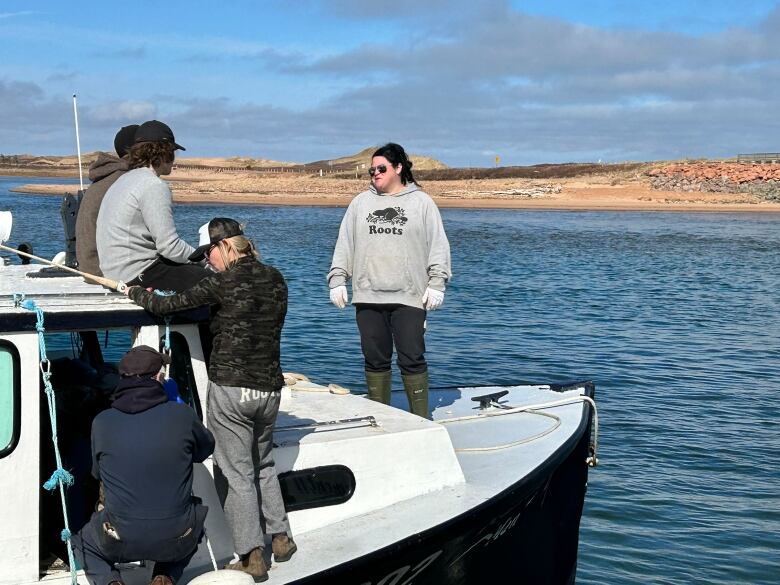 People standing on fishing boat.