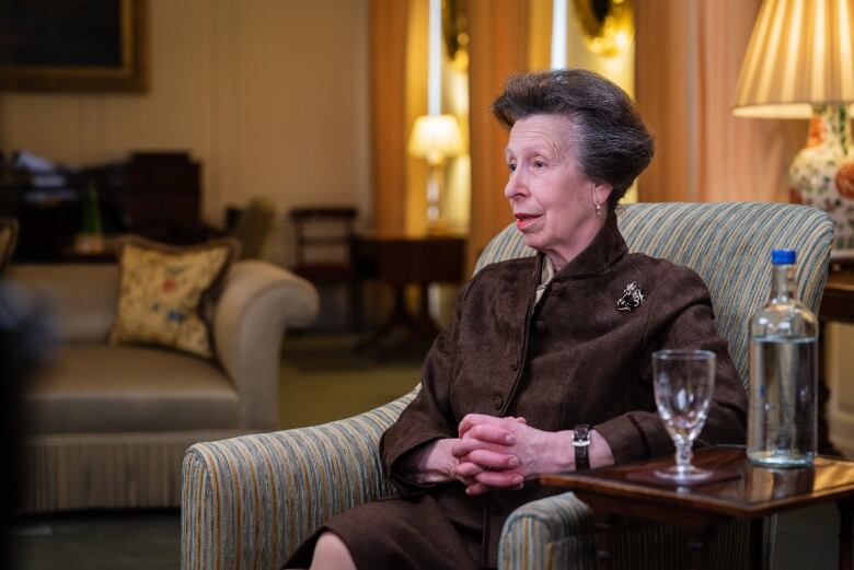 Princess Anne sits in an armchair, her hair is pulled back, she is wearing a brown suit with a brooch.